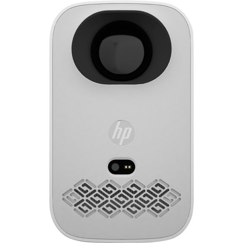 Ein weißer HP Projektor mit schwarzer Linse, HP Logo und Lautsprechergittern.