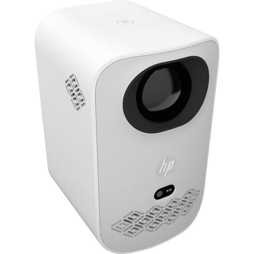 Ein weißer HP Mini-Projektor mit Linse und Lüftungsschlitzen.