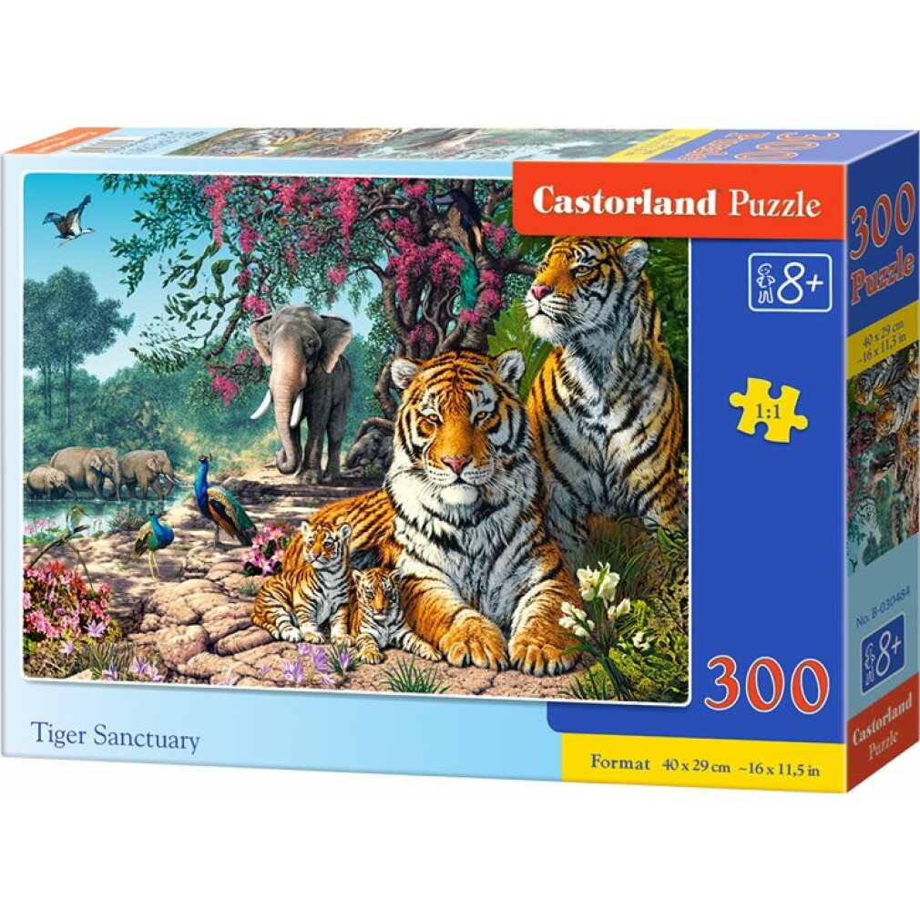 Tiger und Elefanten in einer Dschungelszene auf einer Castorland-Puzzlebox.