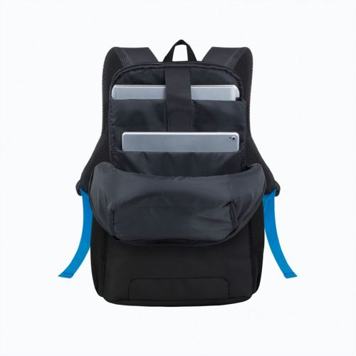 Uno zaino nero con due tablet nei suoi scomparti e cinghie blu.