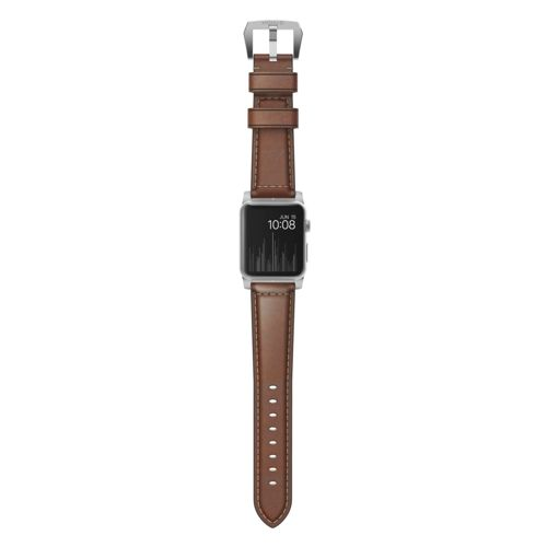 Eine silberne Smartwatch mit braunem Lederarmband, die 10:08 Uhr anzeigt.