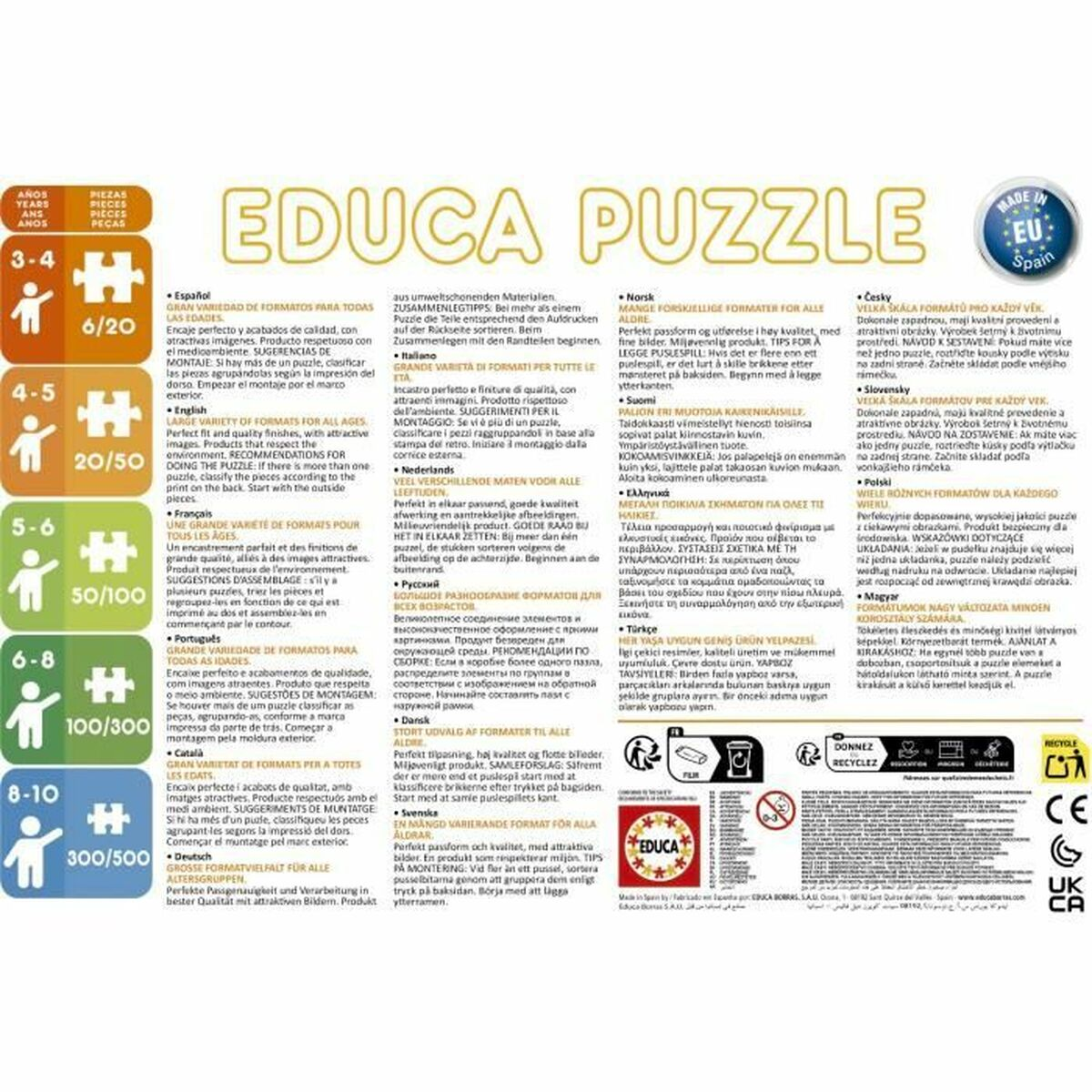 Confezione Educa Puzzle con conteggi pezzi e fasce d'età.