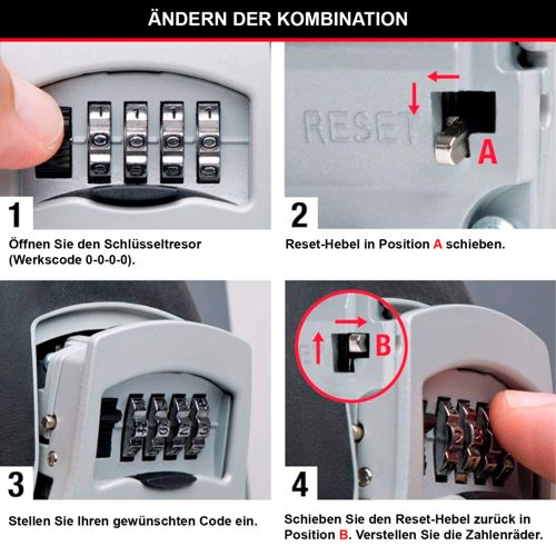 Instrucciones para cambiar la combinación de una caja fuerte para llaves en cuatro pasos.