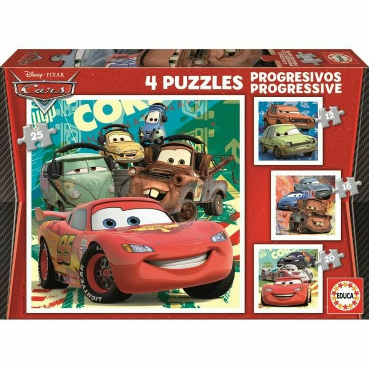 Caja para 4 puzzles de Cars con Rayo McQueen y amigos.