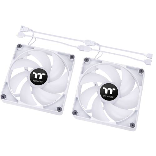 Zwei weiße Thermaltake-Lüfter mit Kabeln, bereit für den Einbau.