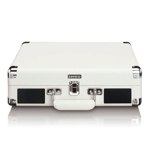 A white suitcase-style record player with silver hardware.