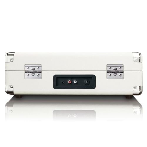 A closed, cream-colored suitcase-style record player with silver accents and ports.
