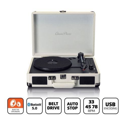 An open, cream-colored suitcase-style record player with a black turntable.