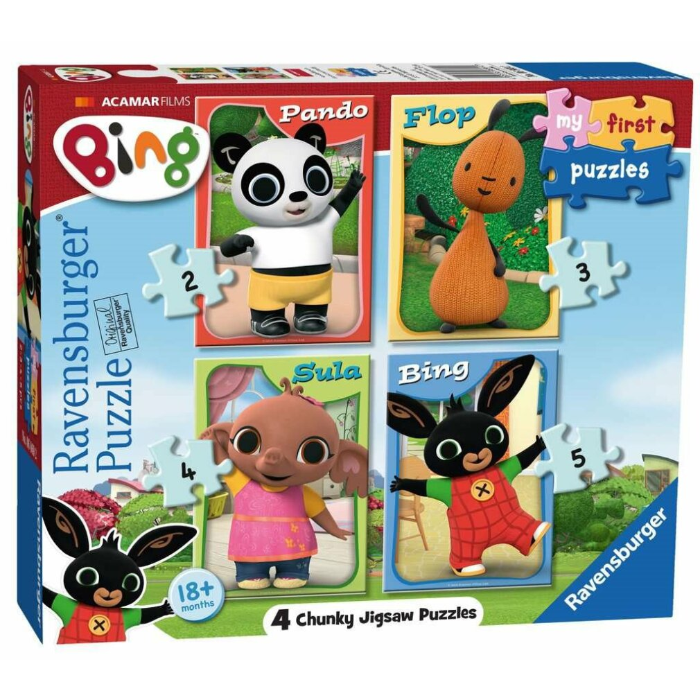 Scatola di 4 puzzle di Bing con i personaggi Pando, Flop, Sula e Bing.