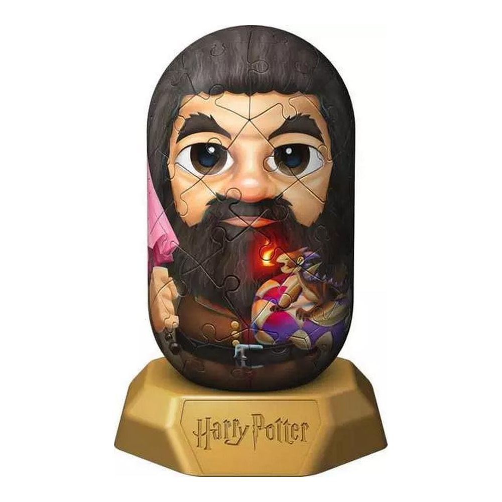 Puzzle 3D di Hagrid con barba che tiene un piccolo drago viola.