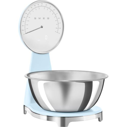 Una báscula de cocina azul claro con bol de acero inoxidable y esfera redonda.
