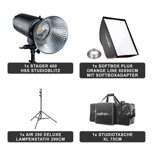 Vier Artikel für Studiofotografie: Licht, Softbox, Stativ und Tasche.