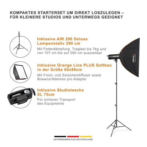 Ein Fotostudio-Starterset mit Lampenstativ, Softbox und Tasche.