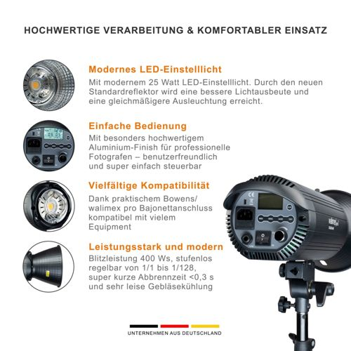 Studioleuchte mit LED, Bedienelementen und Halterung. Text hebt Features hervor.