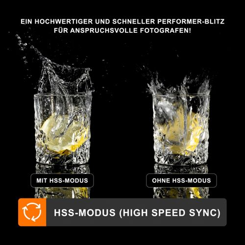 Zwei Gläser mit Zitrone und Spritzwasser, links mit HSS-Modus, rechts ohne.