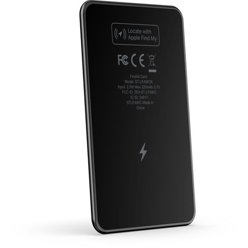 Schwarze Karte mit Apple Find My-Logo, FCC/CE-Zeichen und Ladeikone.
