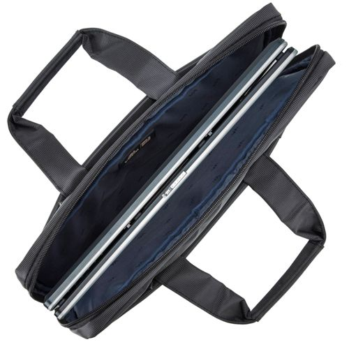 Black laptop bag with two laptops inside, viewed from above.