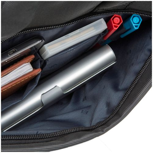 Inside a black bag: notebook, phone, pen case, silver tube, red and blue pens.