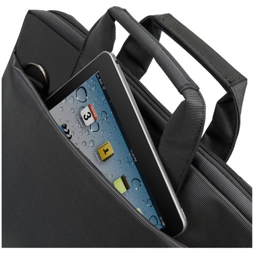 A tablet with water drops on the screen is in a black bag with handles.