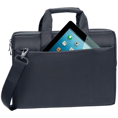 A dark laptop bag with a tablet in the front pocket.