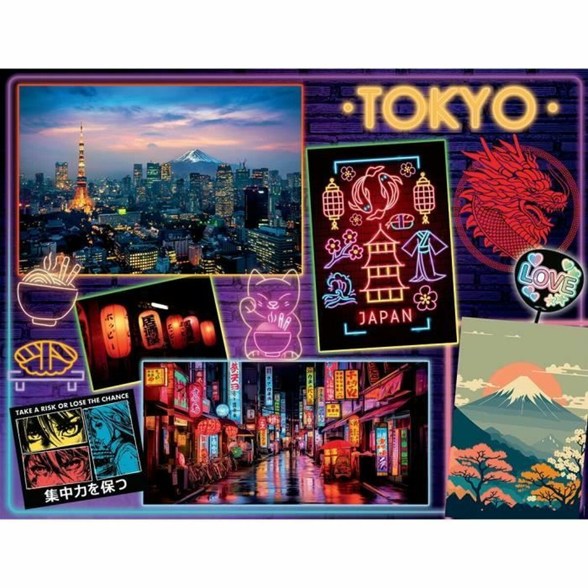 Collage di scene di Tokyo: città al tramonto, insegne al neon, drago, Monte Fuji.
