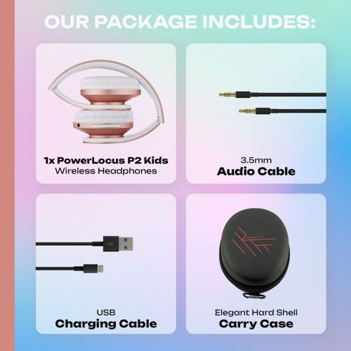 La confezione include: cuffie oro rosa, cavo audio 3,5 mm, cavo di ricarica USB e custodia.