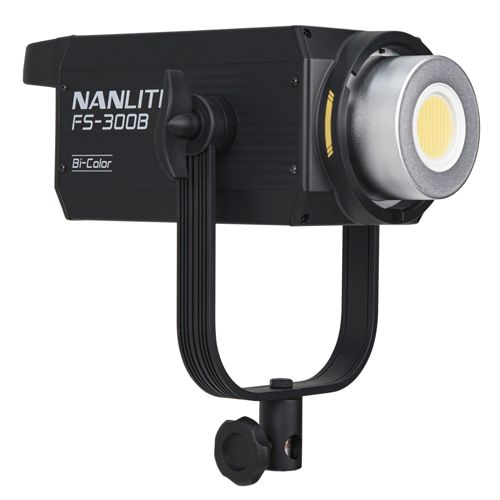 Schwarzes Nanlite FS-300B Bi-Color LED-Licht mit silbernem Reflektor und gelber Anzeige.