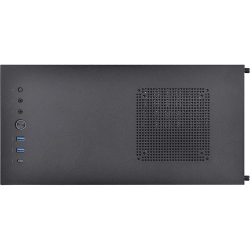 Schwarzes Computergehäuse mit Anschlüssen und Lüftungsgitter.
