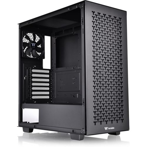 Schwarzes PC-Gehäuse mit Lüfter und perforierter Seitenwand.