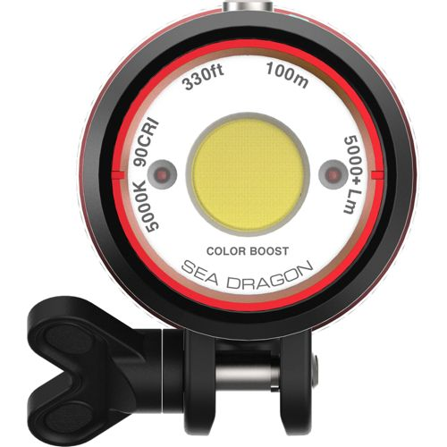 Ein rotes Sea Dragon Tauchlicht mit gelber LED, 5000K, 90CRI, 5000+ Lm, 100m.