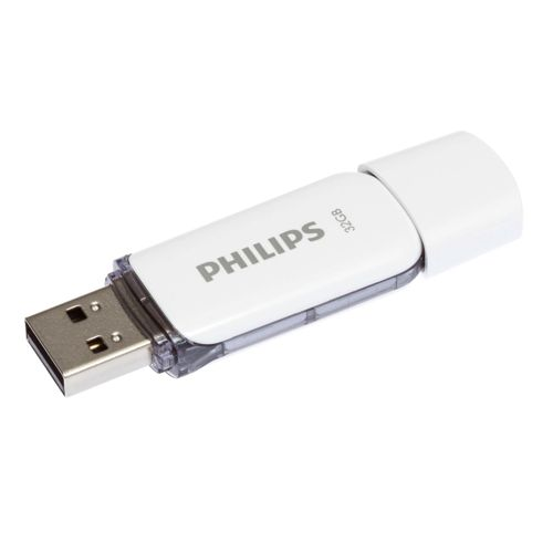 Una chiavetta USB Philips bianca da 32 GB su sfondo bianco.