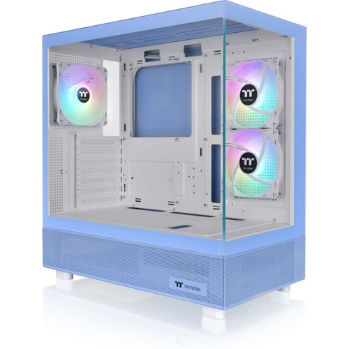 Case PC azzurro con pannello laterale in vetro e ventole RGB.