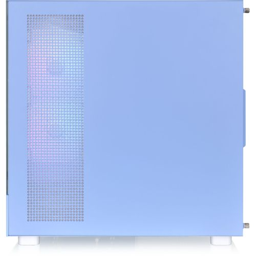Un case per computer azzurro con griglia di ventilazione e luci sul lato.