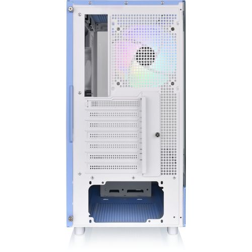 Retro di un case PC bianco con accenti blu e ventola RGB.