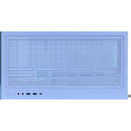 Un case per PC azzurro con griglia di ventilazione e porte frontali.