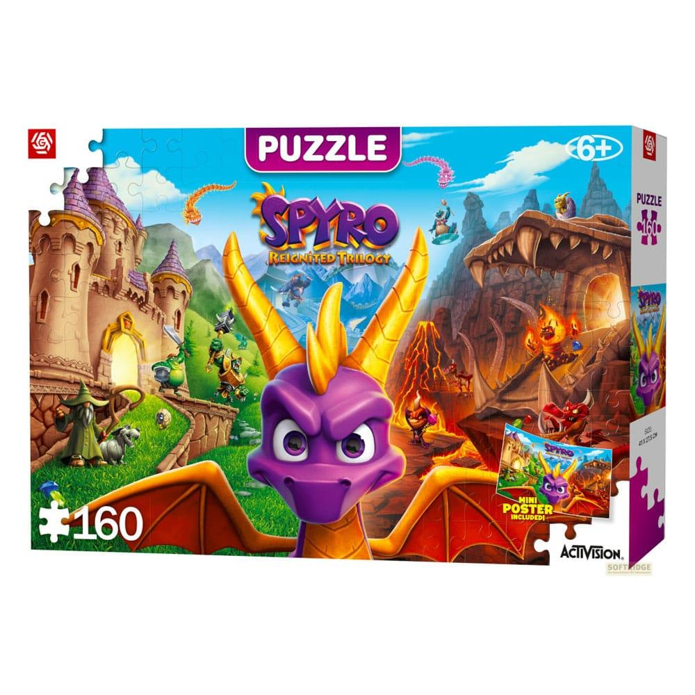 Caja de rompecabezas de Spyro con dragón morado, castillo, volcanes y personajes.