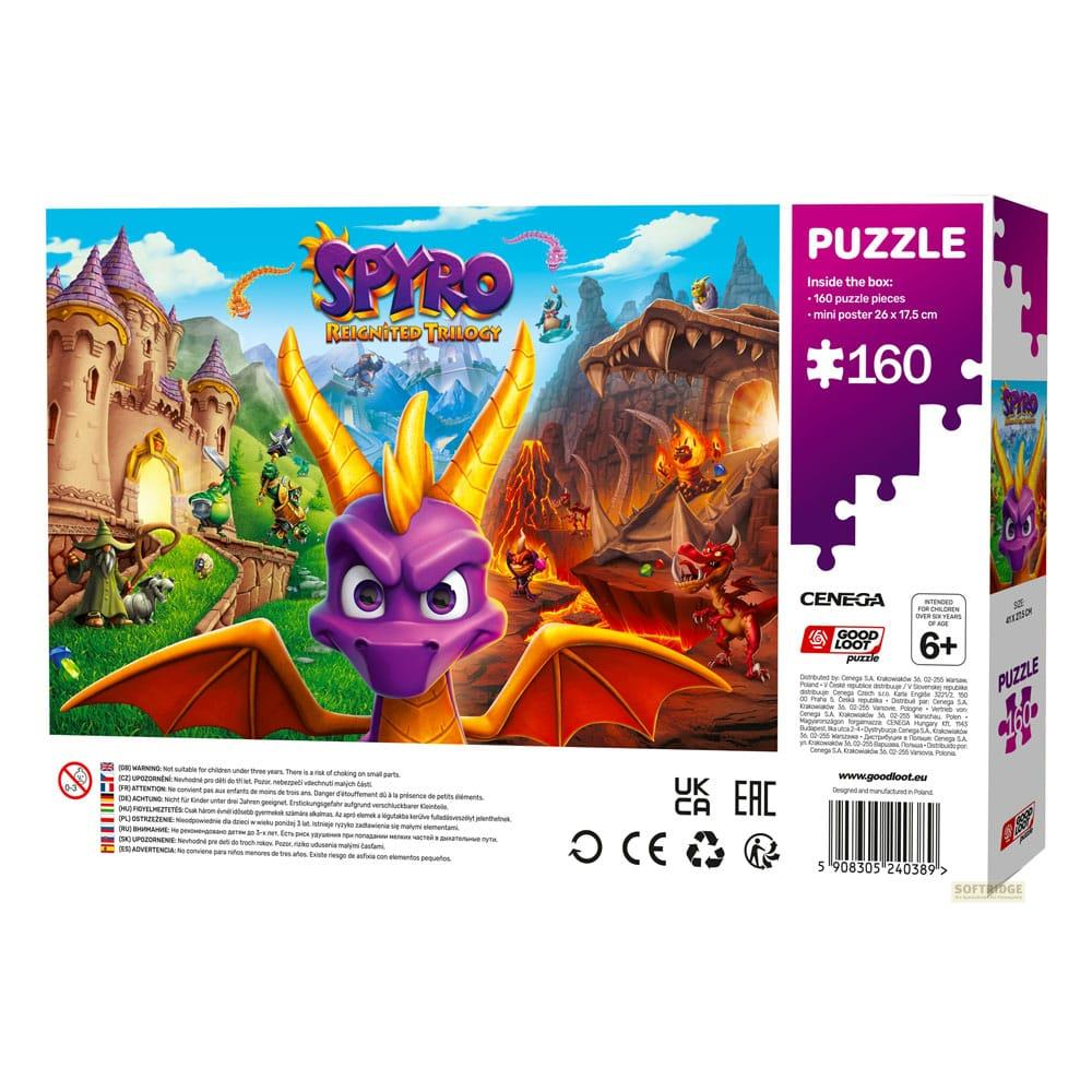 Spyro el Dragón frente a un castillo, rodeado de volcanes. Puzzle de 160 piezas.