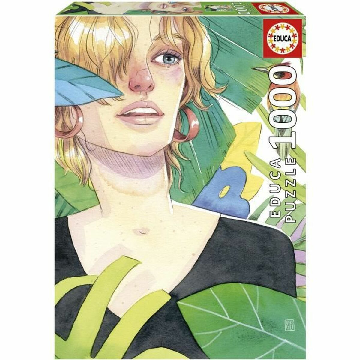Illustrazione di una donna bionda, circondata da foglie verdi e il logo Educa.