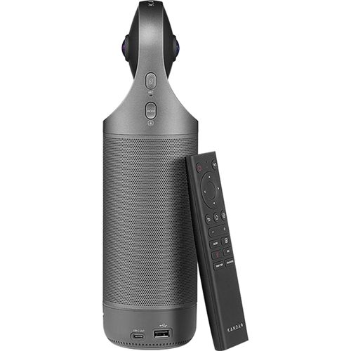 Grauer 360-Grad-Konferenzlautsprecher mit Fernbedienung und USB-Anschlüssen.