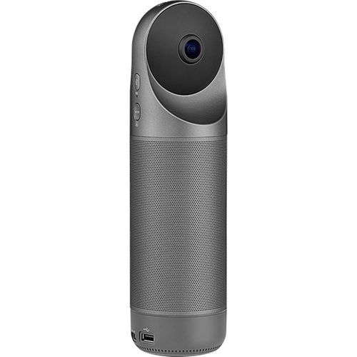 Grauer zylindrischer Lautsprecher mit Kamera oben und USB-Anschlüssen unten.