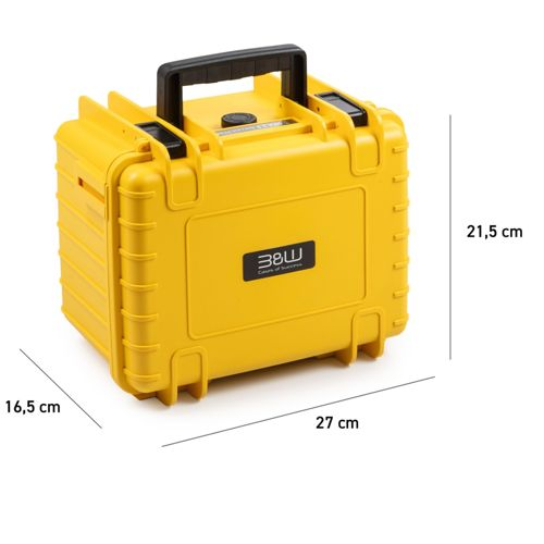 Custodia gialla in plastica con manico, dimensioni 27x21,5x16,5 cm.