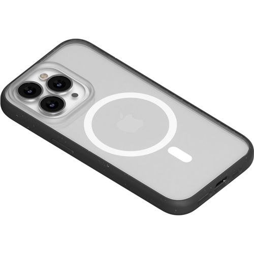 Custodia trasparente con bumper nero, mostra tre fotocamere e anello MagSafe.