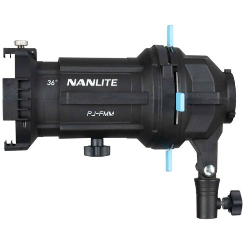 Schwarzer Nanlite PJ-FMM Projektor mit 36° Linse und blauen Bedienelementen.