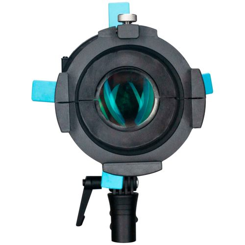 Ein schwarzer Scheinwerfer mit blauen Akzenten und einer Linse.
