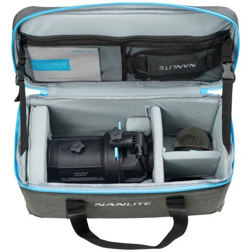 Graue Tasche mit blauen Akzenten, die eine Kameraausrüstung enthält.