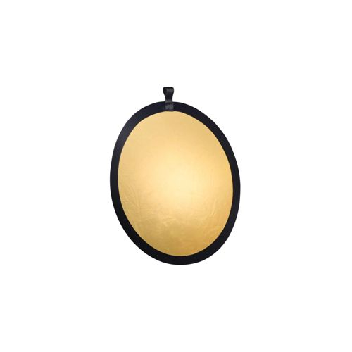 Ein goldener, runder Fotoreflektor mit schwarzem Rand auf weißem Hintergrund.