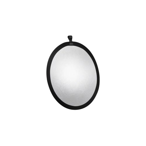 Ein runder, faltbarer Reflektor mit schwarzem Rand und einer silbernen Oberfläche.