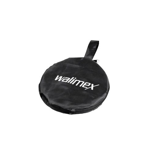 Schwarze Tasche mit Reißverschluss und Henkel. Aufschrift "walimex" in Weiß.