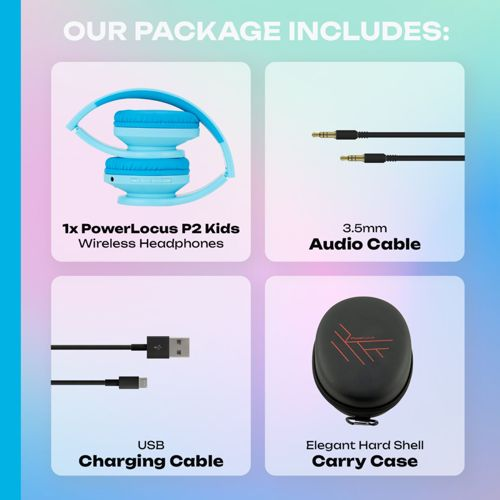 Paketinhalt: Blaue Kopfhörer, Audiokabel, USB-Kabel, Hartschalenkoffer.