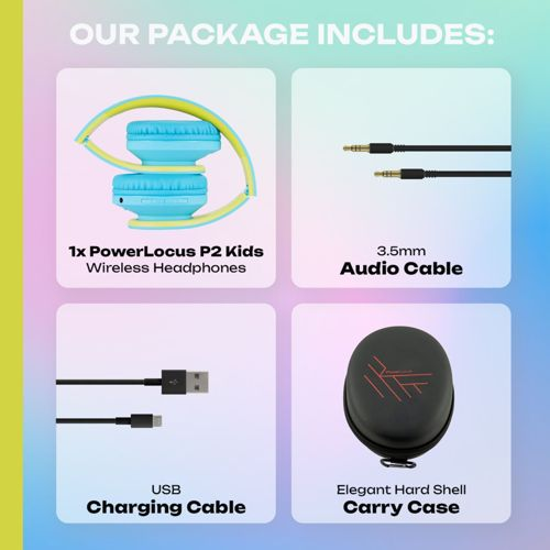 La confezione include: cuffie blu, cavo audio, cavo di ricarica, custodia rigida.